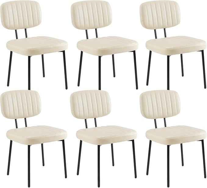 Sweetcrispy Dining Chairs Set of 6, Upholstered Mid Century Modern Kitchen Accent Chairs with Faux Leather Cushion Seat & Metal Legs for Home Office, Living Room - Beige White