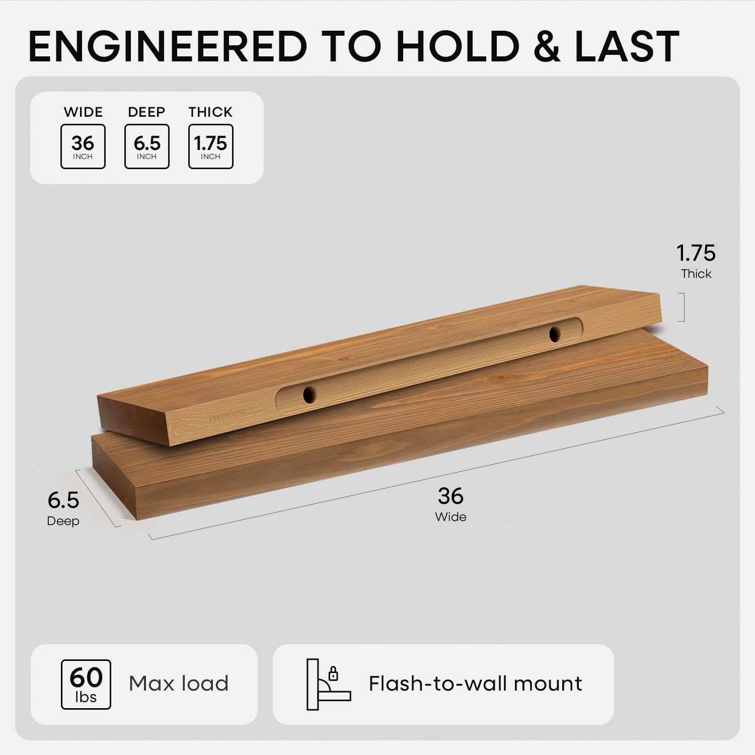 Homeforia 36 inch Golden Oak Floating Shelf, High End Solid Real Wood 36inch Small Floating Shelves for Wall Mounted, Oak Wooden 36in Floating Shelves, Heavy Duty Bracket, 36 X 6.5 X 1.75 in, Set of 3