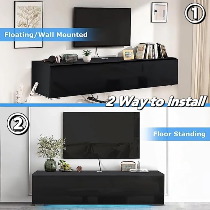 HOMMPA Floating TV Stand with LED Lights for TVs up to 65 Inch, Wall Mounted Entertainment Center with Storage, Modern High Glossy Media Console for Living Room, Bedroom, Black