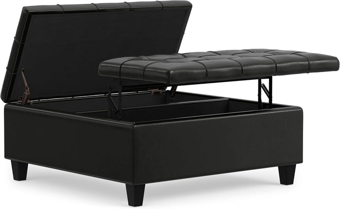 SIMPLIHOME Harrison 36" Wide Vegan Leather Lift Top Ottoman in Black