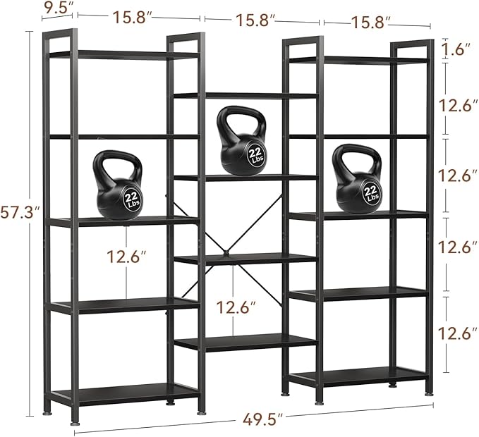 Casaottima Triple 5 Tier Bookshelf, Large Bookcase with 14 Open Display Shelves, Modern Industrial Book Shelves Book Case for Bedroom, Wide Standing Shelving Unit for Living Room Home Office, Black