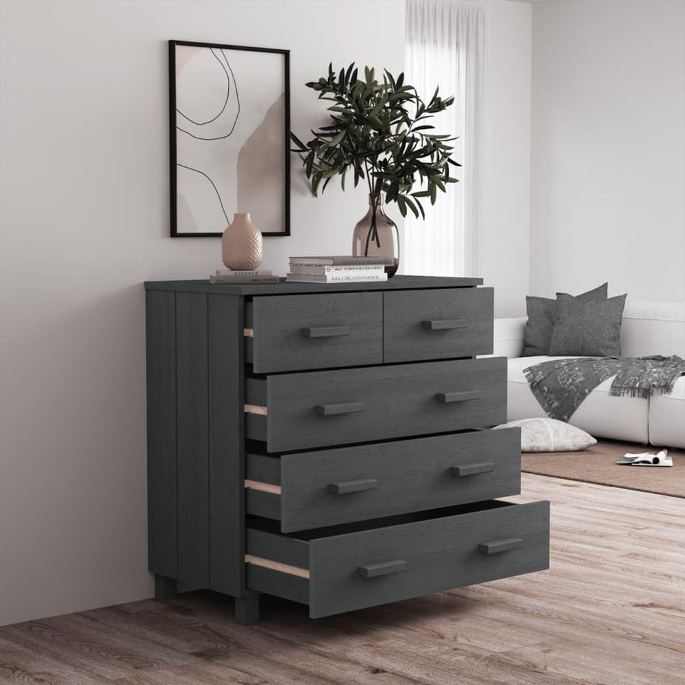 Dark Grey Solid Pine Wood Medium Sideboard with 5 Drawers, Modern Storage Cab...