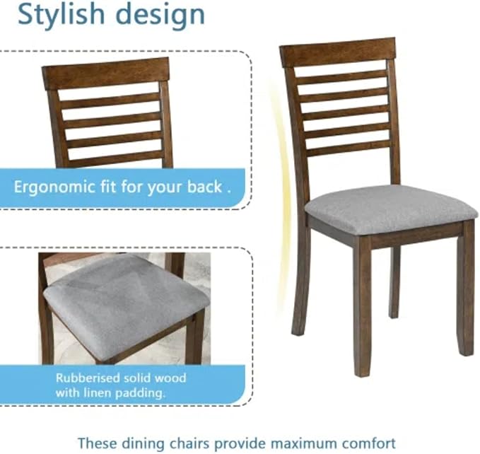 5-Piecern Dining Table Set, Kitchen Set with One Rectangular Table and 4 Upholstered Chairs, Living Room Chairs with Ladder Backrest and Comfortable Seat Cushion, Walnut