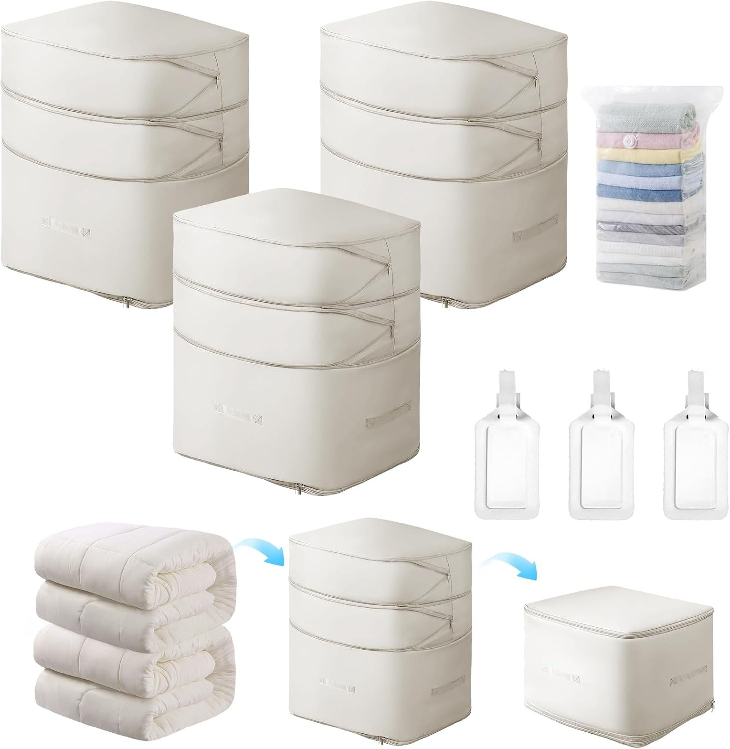 Comforter Storage Bag-Ultra Space Saving Large Self Compression Organizer for Comforters and Blanket,3-Layer Zipper Self-Compressing Organizer for Storage Bedding. (Beige, 3 Pack)