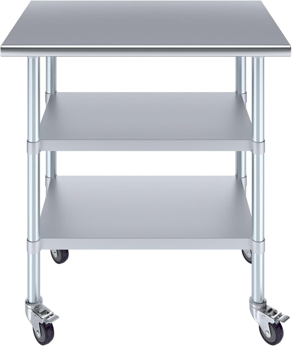 AmGood Stainless Steel Work Table with 2 Shelves and Casters | Metal Utility Table On Wheels (Stainless Steel Work Table with 2 Shelves + Casters, 36" Long x 24" Deep)