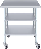 AmGood Stainless Steel Work Table with 2 Shelves and Casters | Metal Utility Table On Wheels (Stainless Steel Work Table with 2 Shelves + Casters, 36" Long x 24" Deep)