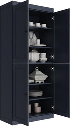 Palace Imports Solid Wood Kitchen Pantry Cabinet - 71.5" Tall x 32" W - Wooden Storage Cabinet w/ 4 Shaker Doors & 4 Adjustable Shelves, Antique Blue, 100% Renewable Eco-Friendly Wood, Made in Brazil