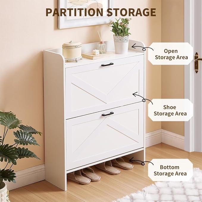 Shoe Storage Cabinet with 2 Flip Drawers, Freestanding Shoe Cabinet Organizer with Metal Flip Frame for Entryway, Hallway, Foyer, White