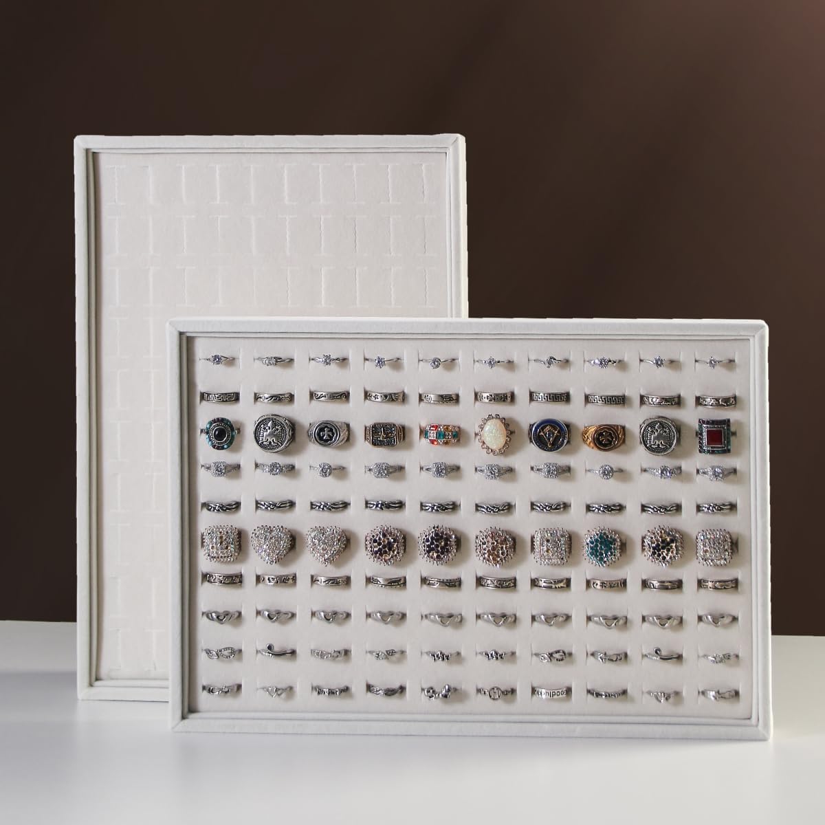 Coward 2Pcs/Set Stackable Ring Organizer Tray Beige Velvet Ring Earring Stud Jewelry Display Holder Tray for Store Selling or Home Show Storage