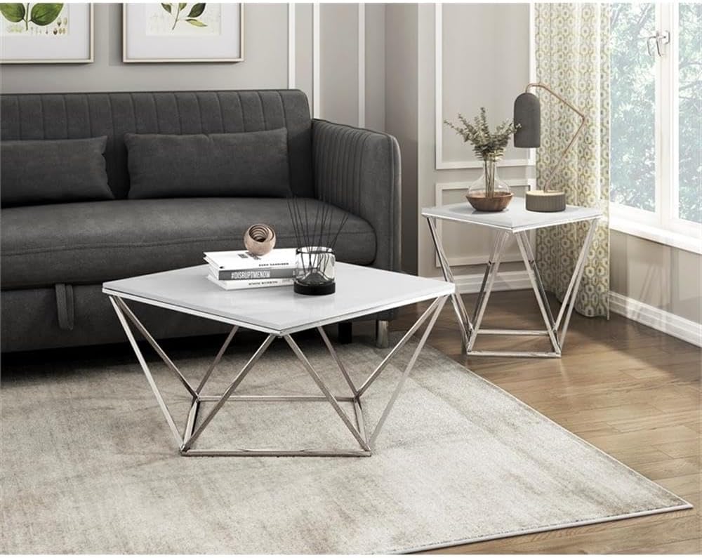 Pemberly Row Contemporary End Table, Stainless Steel Frame, Silver Finish, Wh...
