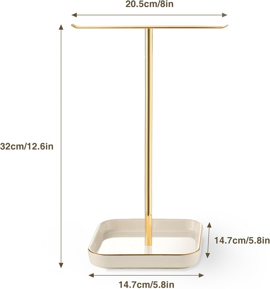 Jewelry Holder Stand with Ceramic Base: 12" Tall Necklace Organizer Rack, Tree Design Display Storage for Necklaces, Bracelets, Rings, Earrings, Aesthetic Room Décor for Girls and Women, Gold