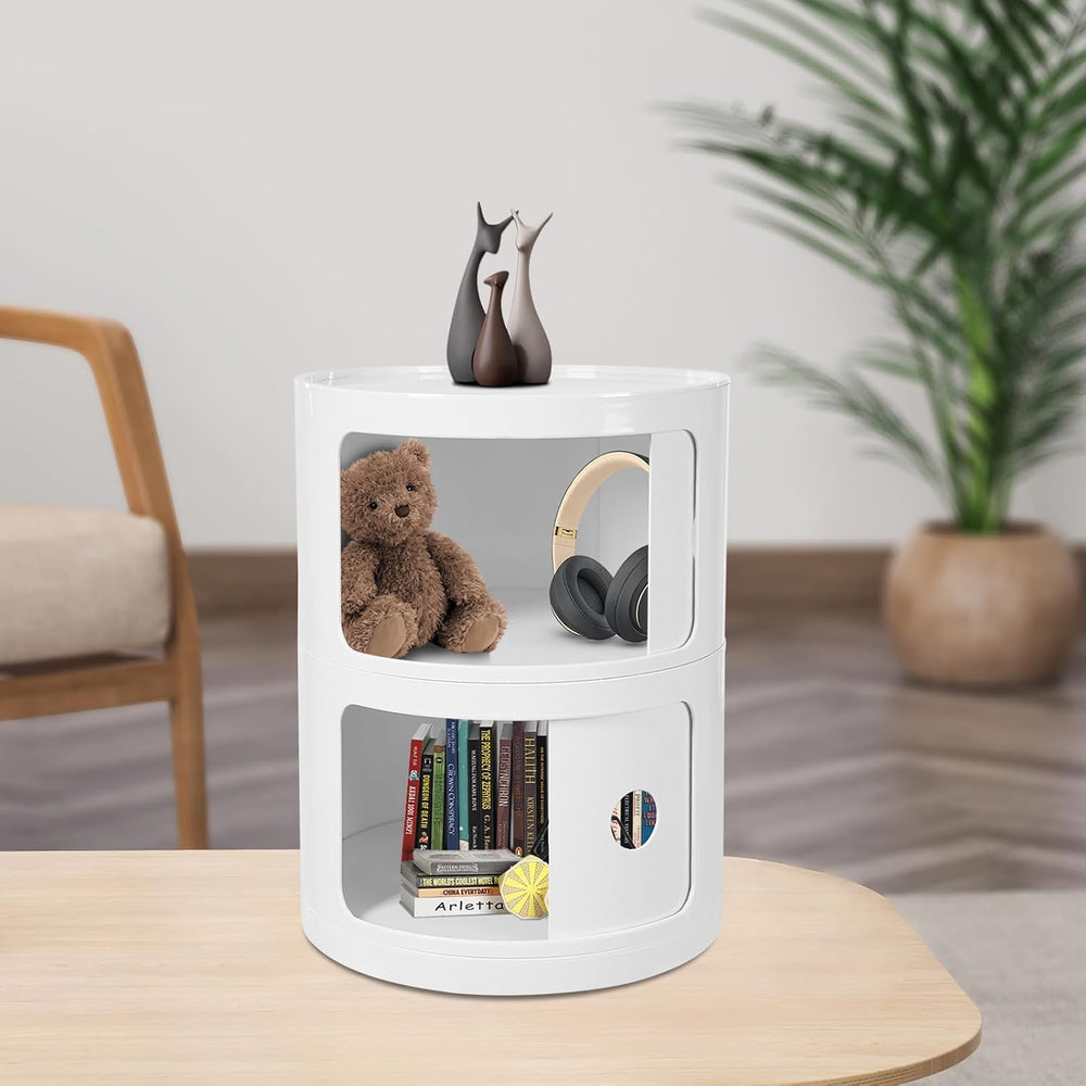 2-Tier Circular Nightstand, Round Nightstand, Circular Side Table with Drawer...