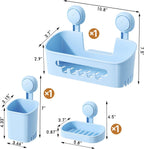 LEVERLOC Shower Caddy Suction Cup Set Shower Organizer & Soap Holder & Toothbrush Holder, Bathroom Shelf Basket NO-Drilling, Removable Suction Storage Waterproof Bathroom Caddy, Blue