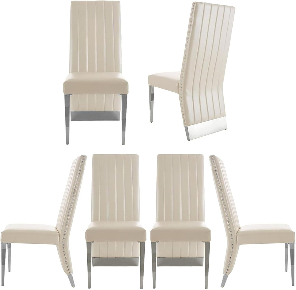AUZ White Leather Dining Chairs Set of 6, White and Silver Upholstered Dining...