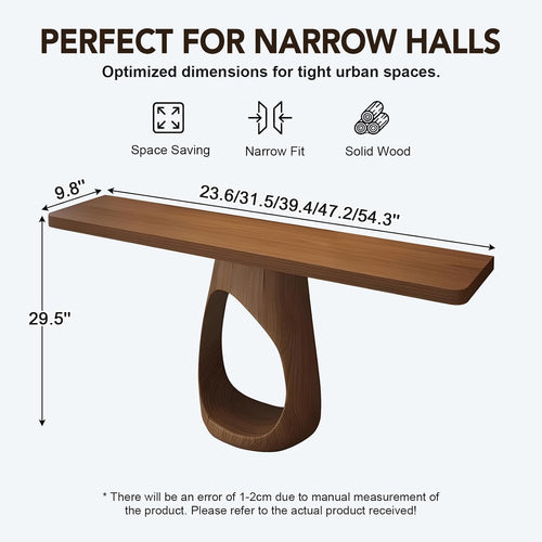31.5" Compact Console Table with Sculptural Pedestal, 9.8" Narrow Solid Wood Entryway Table for Small Spaces, Modern Minimalist Accent Piece for Hallway, Foyer, Corner & Behind Sofa, Walnut