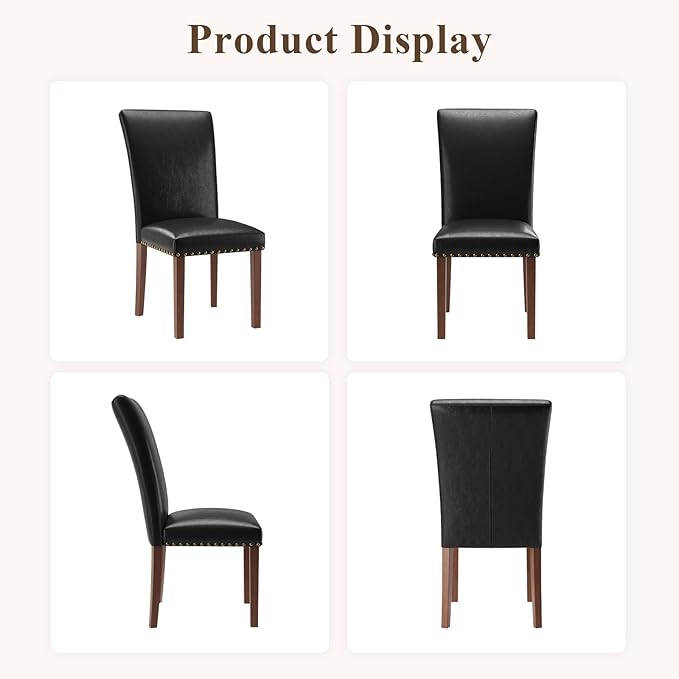 Stylish Dining Chairs Set of 4, Upholstered Parsons Dining Room Chair with Nailhead Trim, Kitchen Room Chair with Thick Cushions and Wood Legs, Nailhead Trim, Black Leather
