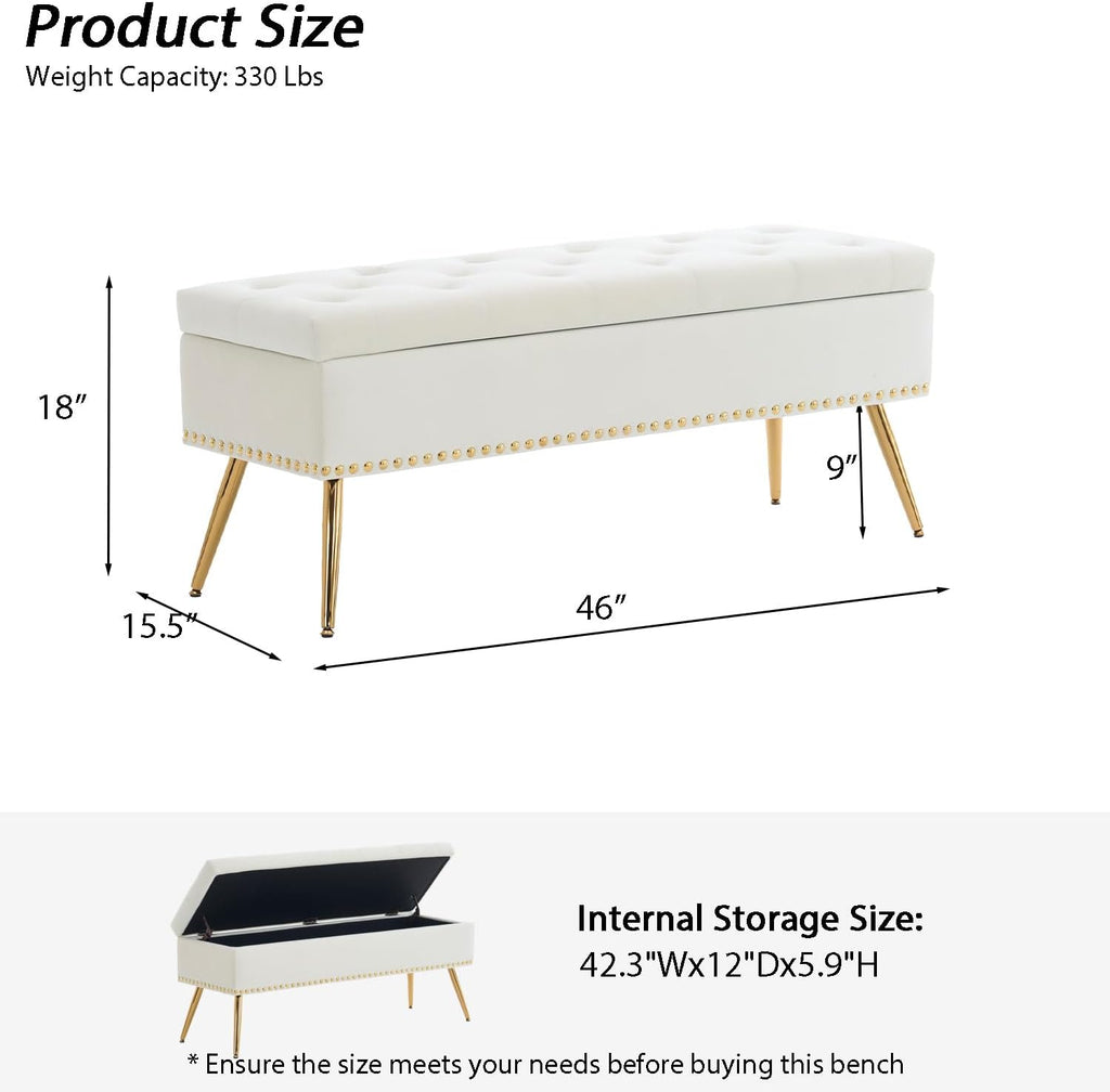 46" Ivory White Velvet Storage Bench with Gold Legs Nailhead Trim | Tufted Ottoman, End of Bed Bench, Upholstered, For Bedroom/Living Room/Window/Entryway/Dining Bench, Modern, Rectangle
