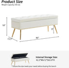 46" Ivory White Velvet Storage Bench with Gold Legs Nailhead Trim | Tufted Ottoman, End of Bed Bench, Upholstered, For Bedroom/Living Room/Window/Entryway/Dining Bench, Modern, Rectangle