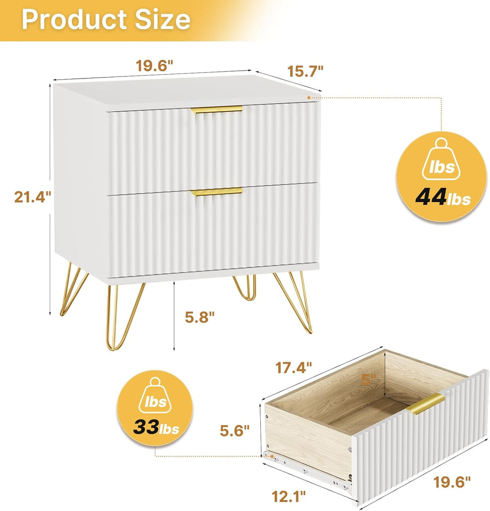 White Nightstand Set of 2, Modern Night Stand Bedside Table with 2 Storage Dr...
