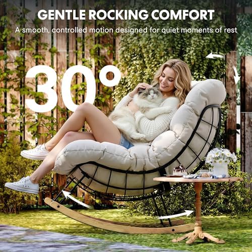 FLEXISPOT Oversized Outdoor Rocking Chair with Thick Cushion, Beige | Thick C...