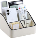 Remote Control Holder, PU Leather Small Desk Organizer with 4 Compartments, Nightstand Organizer Desk Caddy for Remote, Notepad, Phone, Glasses, and Accessories (Cream)