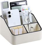 Remote Control Holder, PU Leather Small Desk Organizer with 4 Compartments, Nightstand Organizer Desk Caddy for Remote, Notepad, Phone, Glasses, and Accessories (Cream)