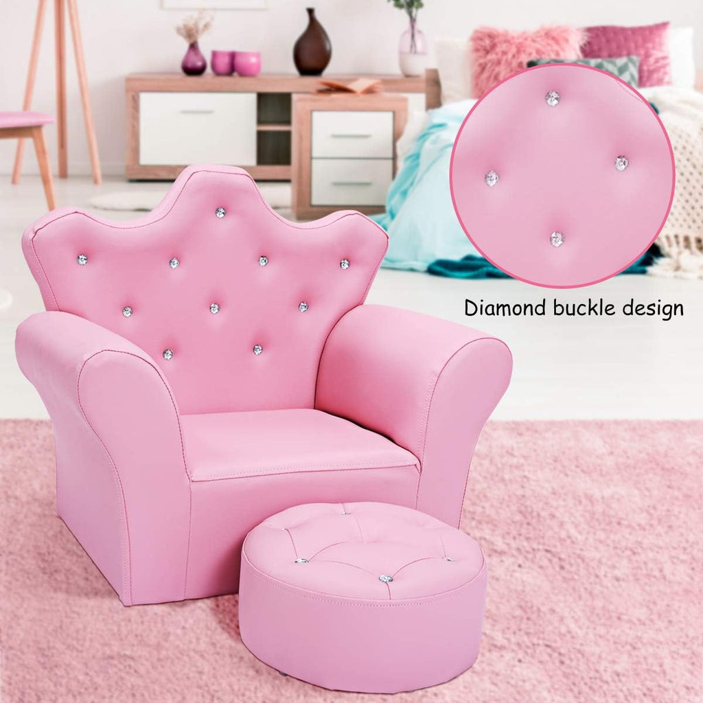 Costzon Kids Sofa, Children Upholstered Sofa with Ottoman, Princess Sofa with Diamond Decoration, Ottoman, Smooth PVC Leather Toddler Chair, Kids Pink Couch for Preschool Boys and Girls Gift (Pink)
