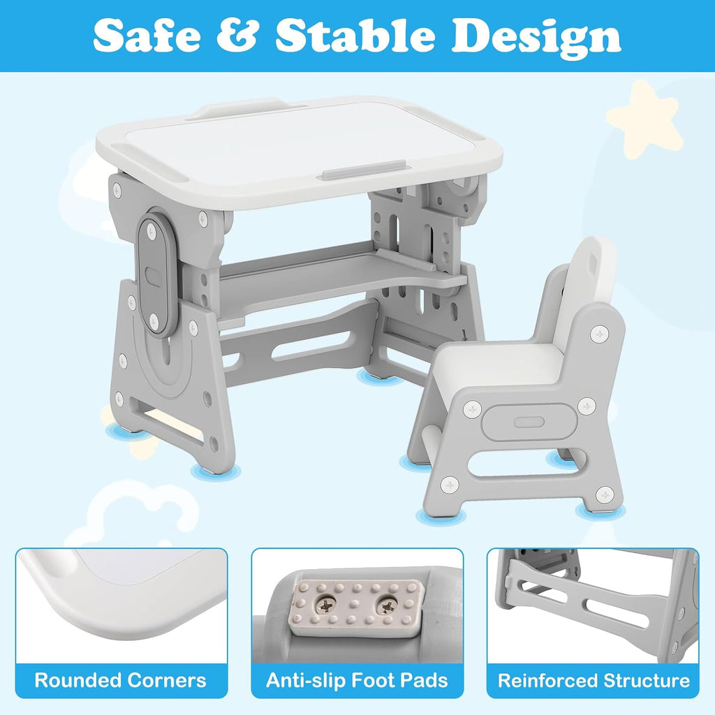 Costzon Kids Table and Chair Set, Height Adjustable Art Desk Set w/Whiteboard, Tilting Top, Storage Space, Tablet Holder & Markers, 4-in-1 Toddler Activity Furniture for Home Classroom Daycare (Gray)