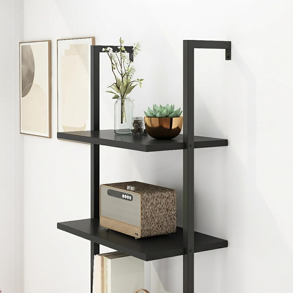 5-Tier wall Mounted Bookshelf, Ladder Shelves, Metal Frame & Wood Board, Decorative Shelving, Narrow Ladder Bookcase, Open Storage, Mordern Leaning Bookshelf for Bedroom, Living Room, Office, Black