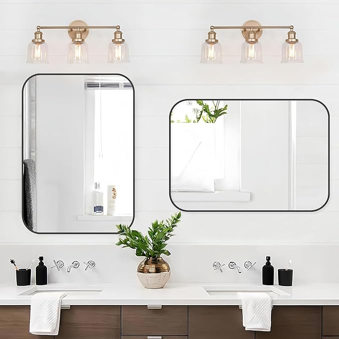 Black Bathroom Mirror, 20x30 Inch Matte Black Mirror, Aluminum Alloy Framed Vanity Mirror, Rounded Rectangle Bathroom Mirror for Over Sink, Anti-Rust Wall Mirror (Horizontally or Vertically)