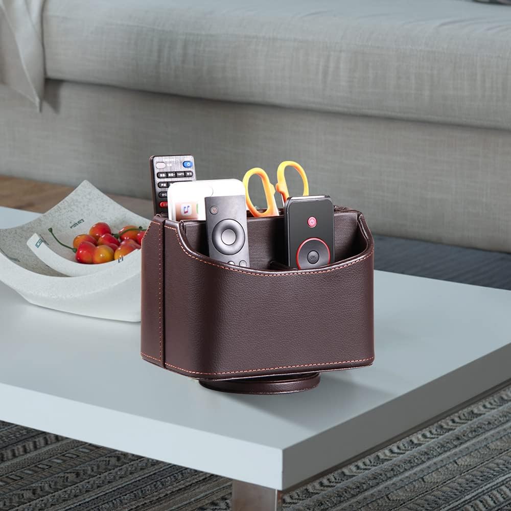 PU Leather Remote Control Holder,360 Degree Spinning Desk TV Remote Caddy,Desk Organizers and Accessories,for Controller,Media,Mail,Calculator,Mobile Phone,Pen Storage Holder(Brown Lychee)