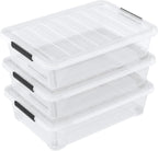 Set of 3 42 L Clear Plastic Under The Bed Storage Bins, Underbed Box with Latching Lid and Wheels, Flat Container for Dormitory, Apartment, Attic