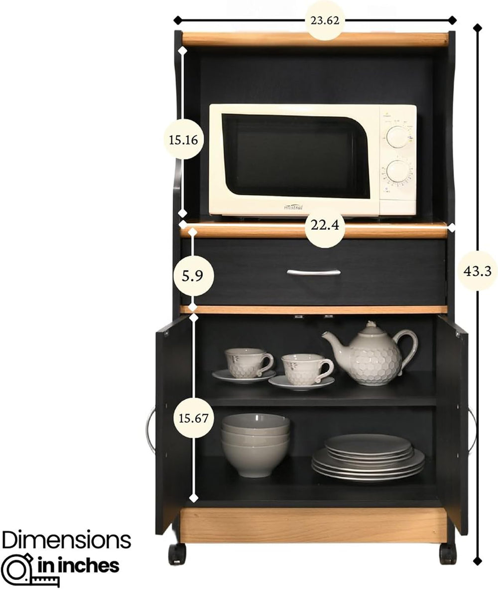 L'Baiet Rolling Kitchen Cart with Microwave Shelf & Cabinet, Black