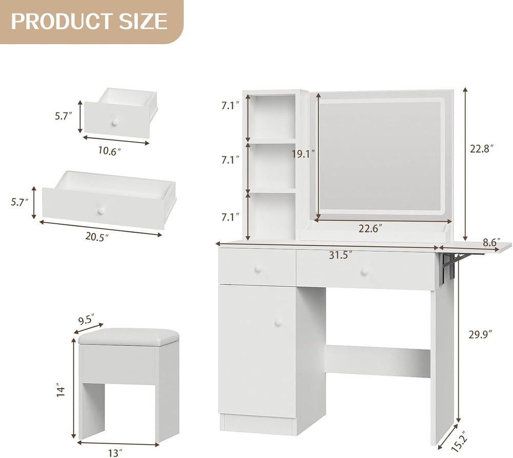 FUXA Vanity Desk with Lighted Mirror, Charging Station and Chair, White | Sto...
