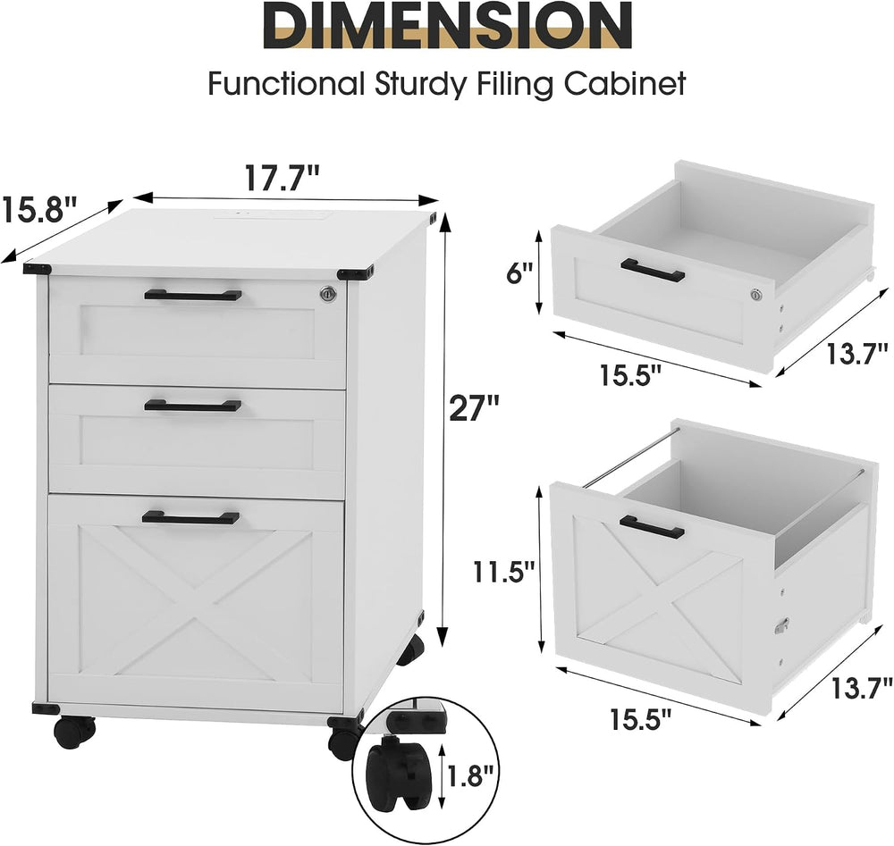 Onelike Small Wood File Cabinet with Charging Station and Lock, 3 Drawers | B...