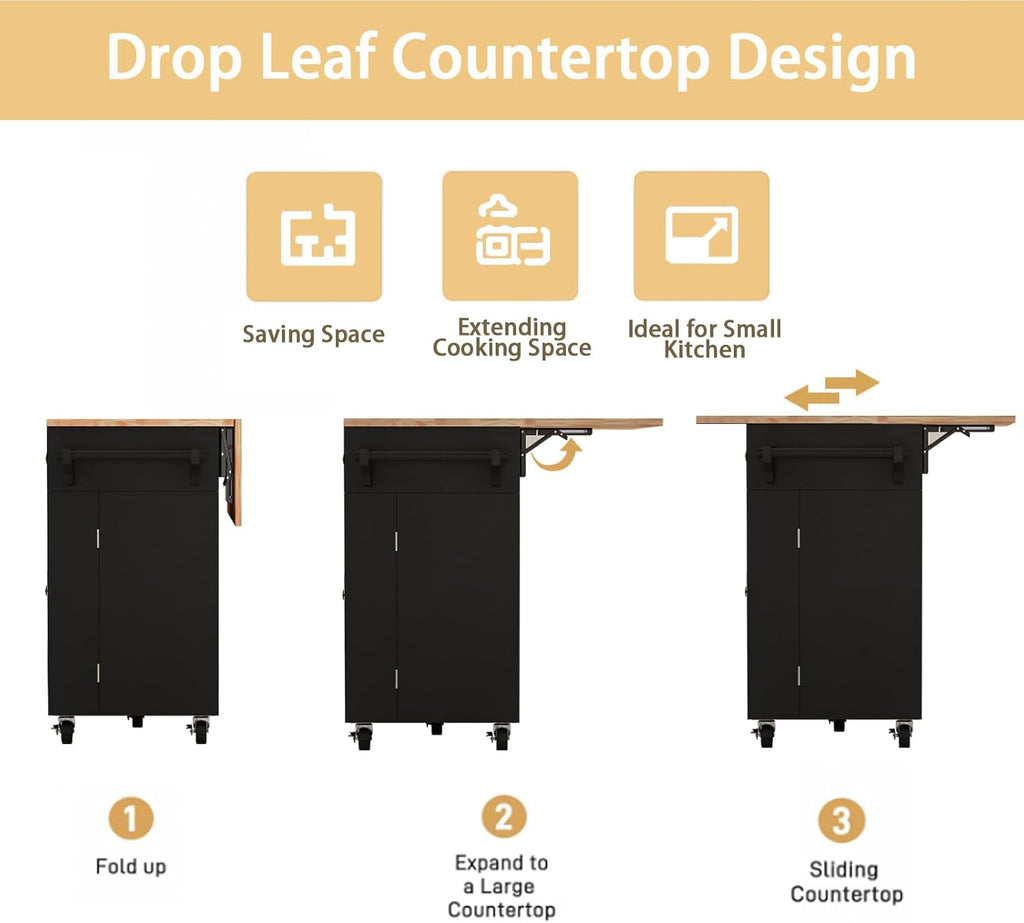 59’’ Rolling Kitchen Island Cart with Drop Leaf and Power Outlet, Movable Kitchen Islands with 3-Tier Door Storage Shelf, Island Table on Wheels, 2 Large Drawers, Towel Racks, Black