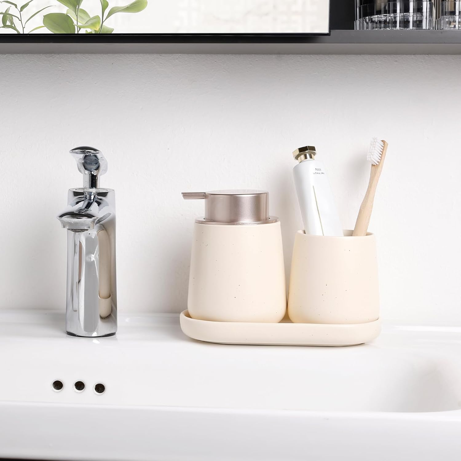 BosilunLife Bathroom Accessories Set 3 pcs - Bathroom Ceramic Foaming Soap Dispenser Set Farmhouse Bathroom Decor, Foam Soap Dispenser and Toothbrush Holder with Tray
