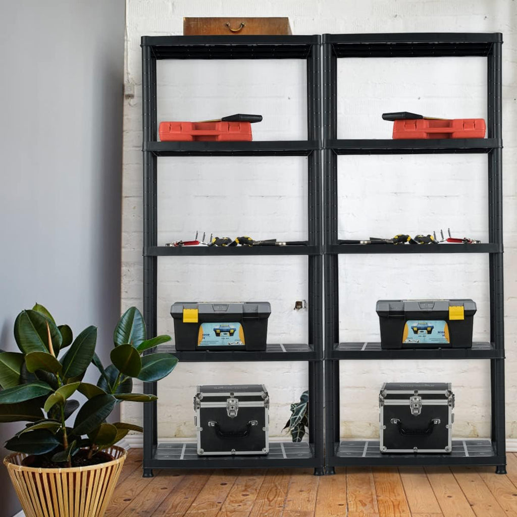 IRONMAX 5-Tier Plastic Shelving Unit, Multi-Purpose Shelf Rack, No Tools Required, Free Standing Storage Shelves for Garage Basement Kitchen, Black (2, 33.5“L X 16”W X 73“H)