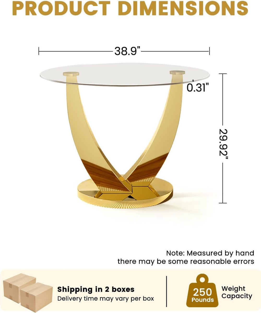 38.9" Round Glass Dining Table for 2-4, Modern Dining Room Table with Te...