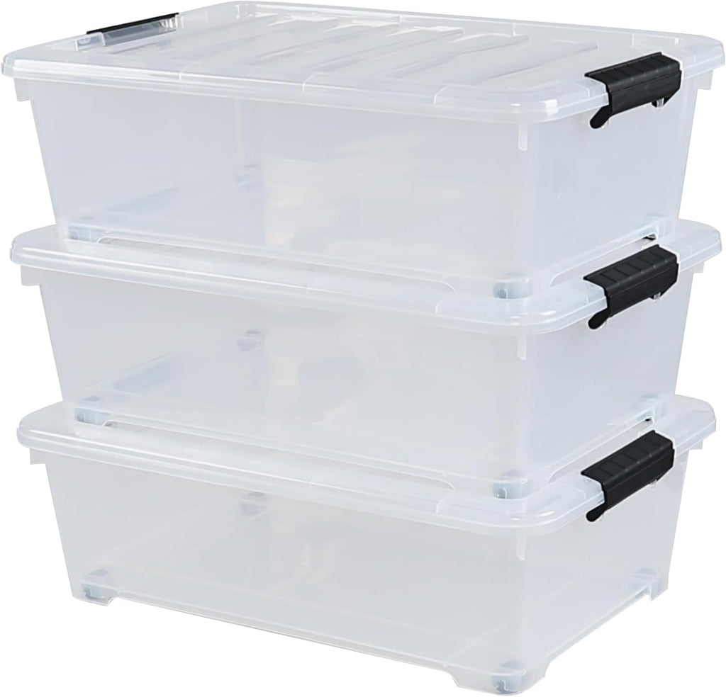 Zopnny 3-Pack 20 Quart Under Bed Shoe Storage Organizer, Underbed Storage Container Box with Wheels, Clear