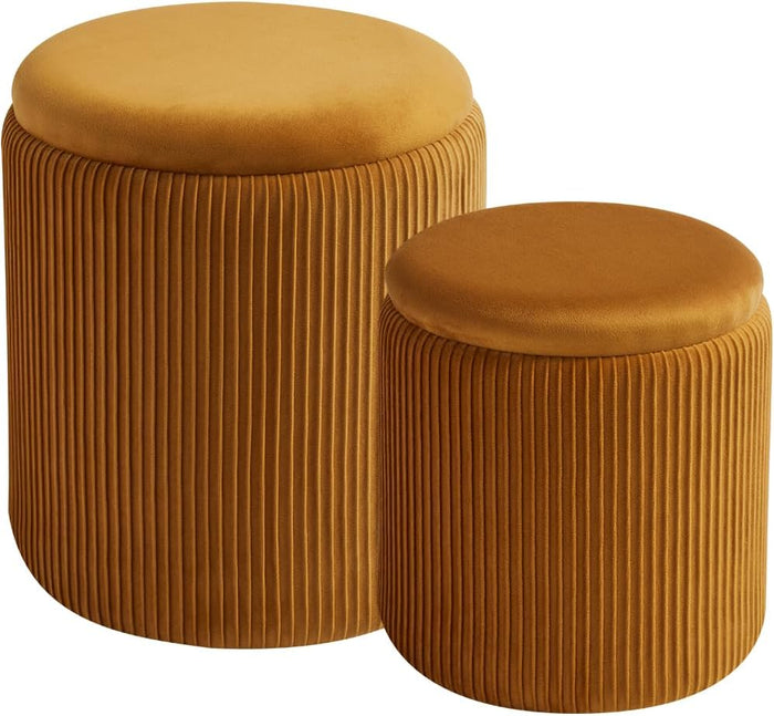 BLEXA Set of 2 Round Storage Ottoman, Yellow Velvet Ottoman with Storage