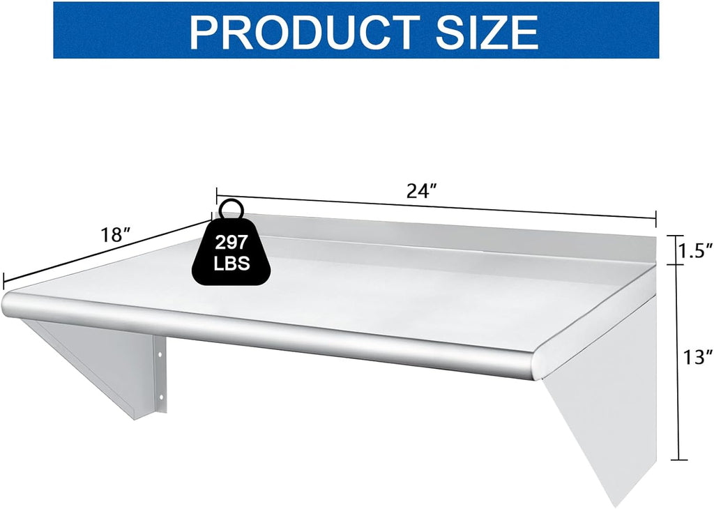 HARDURA Stainless Steel Shelf 18" x 24", 297lb Commercial Shelves Wall Mount Metal Shelving with Backsplash and Brackets for Kitchen, Restaurant, Laundry Room and Home