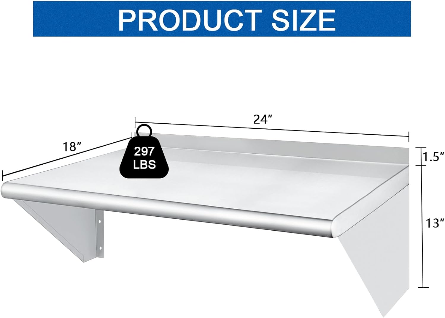 HARDURA Stainless Steel Shelf 18" x 24", 297lb Commercial Shelves Wall Mount Metal Shelving with Backsplash and Brackets for Kitchen, Restaurant, Laundry Room and Home