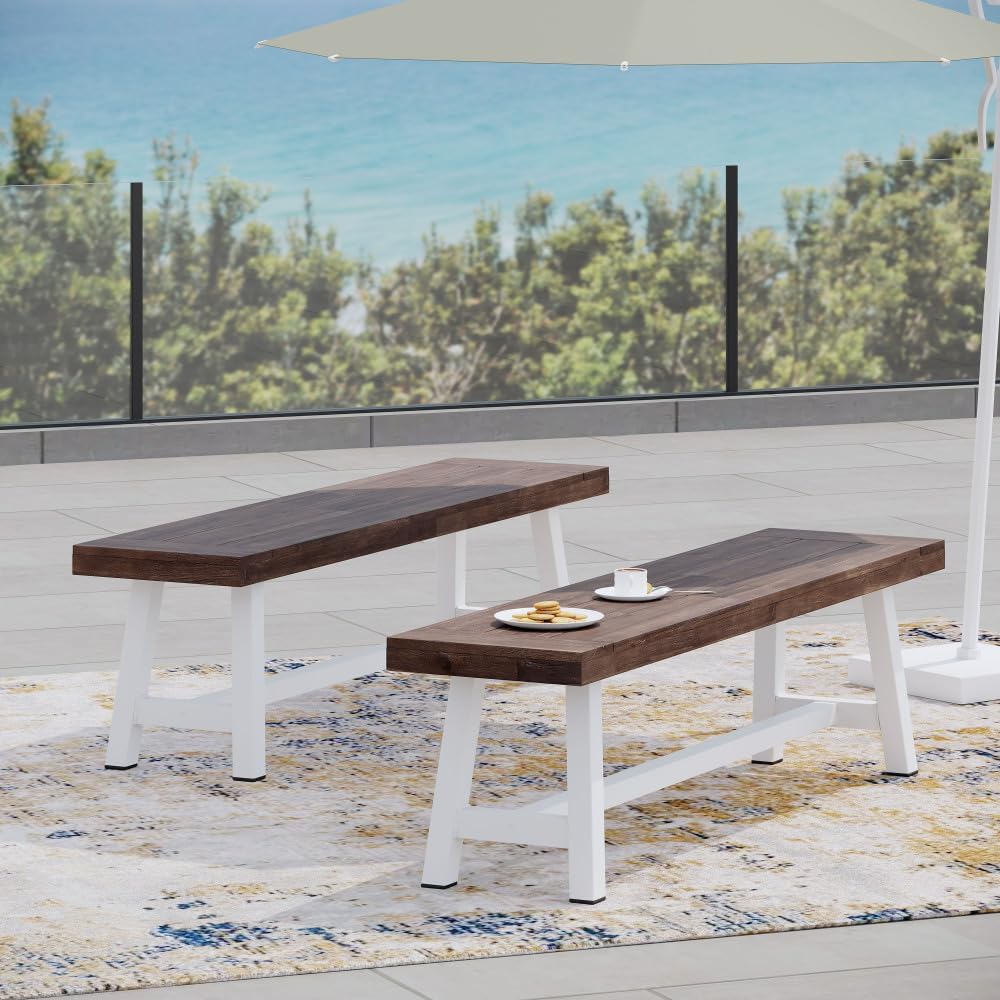 Saiveina Outdoor Carlisle Benches, Sandblasted Dark Brown + White(Set of 2)