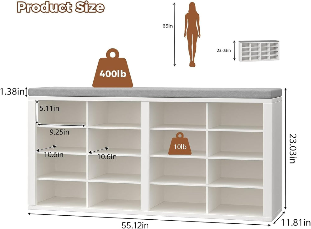 Shoe Storage Bench with Cushion Shoe Rack for Entryway 16 Cubby Multifunction...