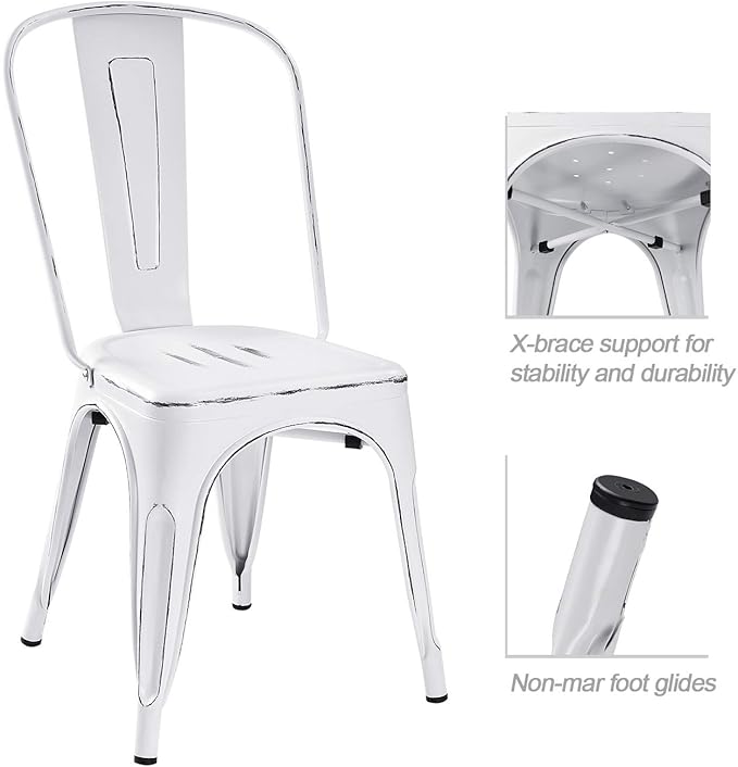 Devoko Metal Indoor-Outdoor Chairs Distressed Style Kitchen Dining Chairs Stackable Side Chair with Back Set of 4 (White)