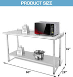 GarveeTech 60 in x 24 in Stainless Steel Prep Table, NSF Metal Work Table with Backsplash, Adjustable Undershelf, 5 Hooks, Heavy Duty Workbench Workstation for Home Kitchen Restaurant