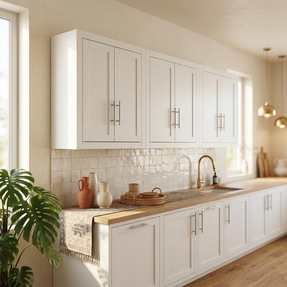 Furnifact White 3-Piece Wall Kitchen Cabinet Set, MDF Birch Veneer, Floating ...
