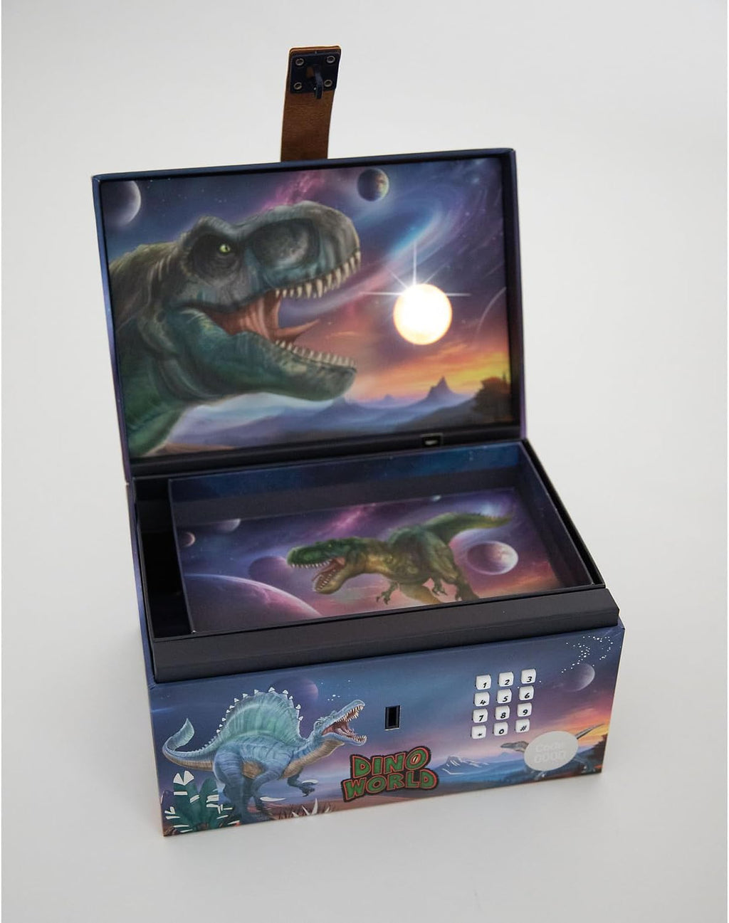 Depesche 13441 Dino World Treasure Chest in Dino Design with Planets, Storage Box with Code, Sound and Light