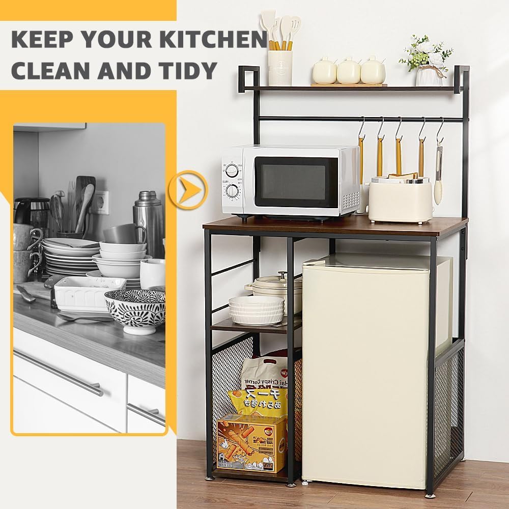 LUCKUP Mini Fridge Cabinet Microwave Stand with Shelf Storage, 4 Tiers Kitchen Bakers Rack with Adjustable Feet for Kitchen Dorm Space Saving, Rustic Brown